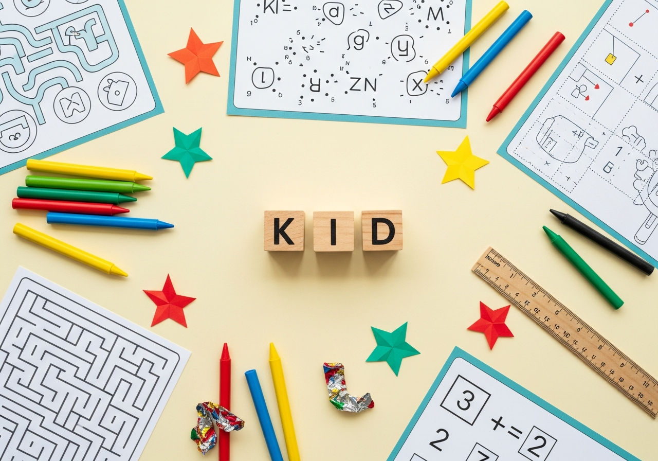 A cheerful collage of printable worksheets, crayons, and learning materials for kids