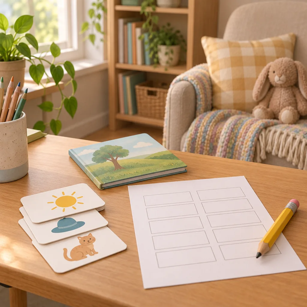 Illustration of word cards and a small stack of books on a desk