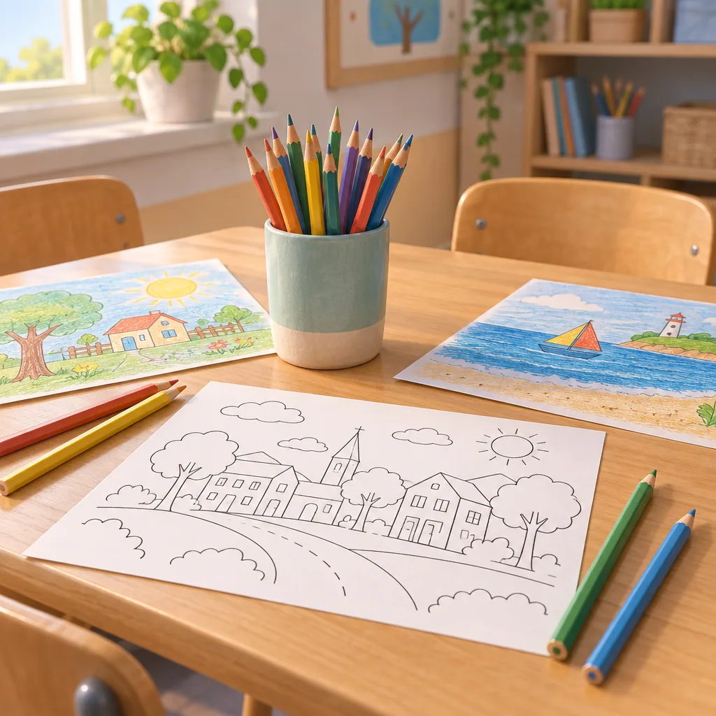 Illustration of colored pencils, crayons, and an outlined coloring page on a desk