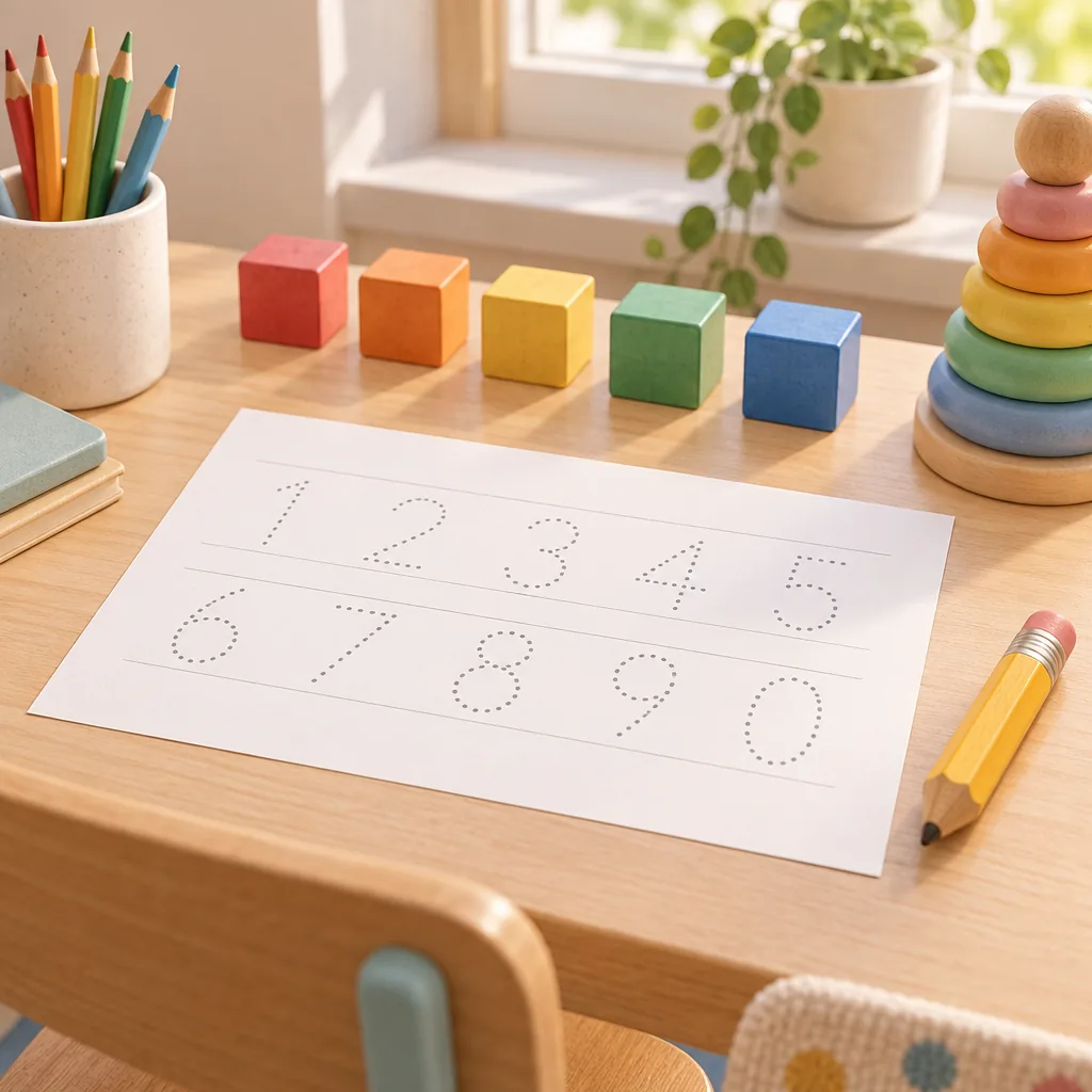 Illustration of number blocks and a pencil on a desk