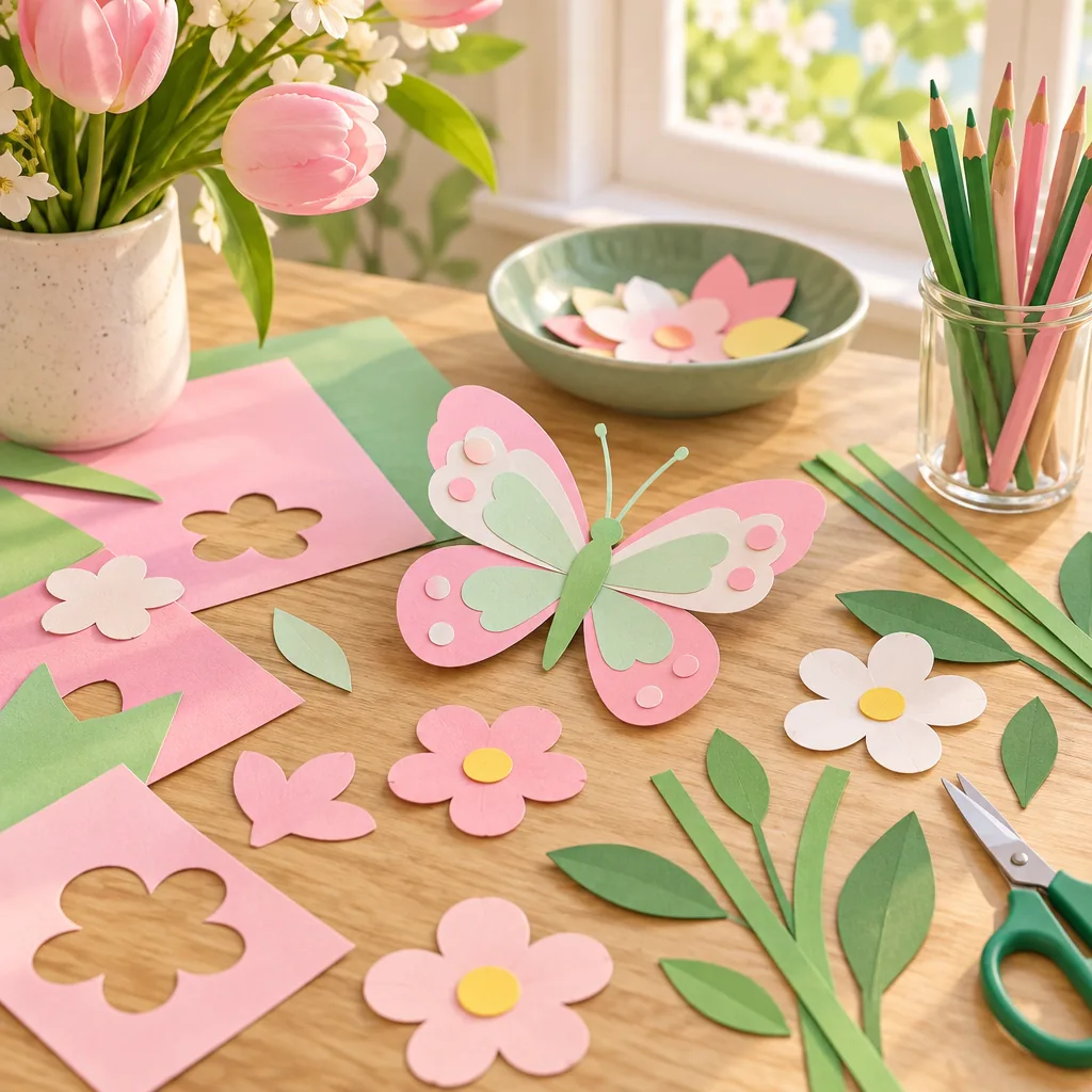 Illustration of flowers, an egg shape, and craft supplies on a table