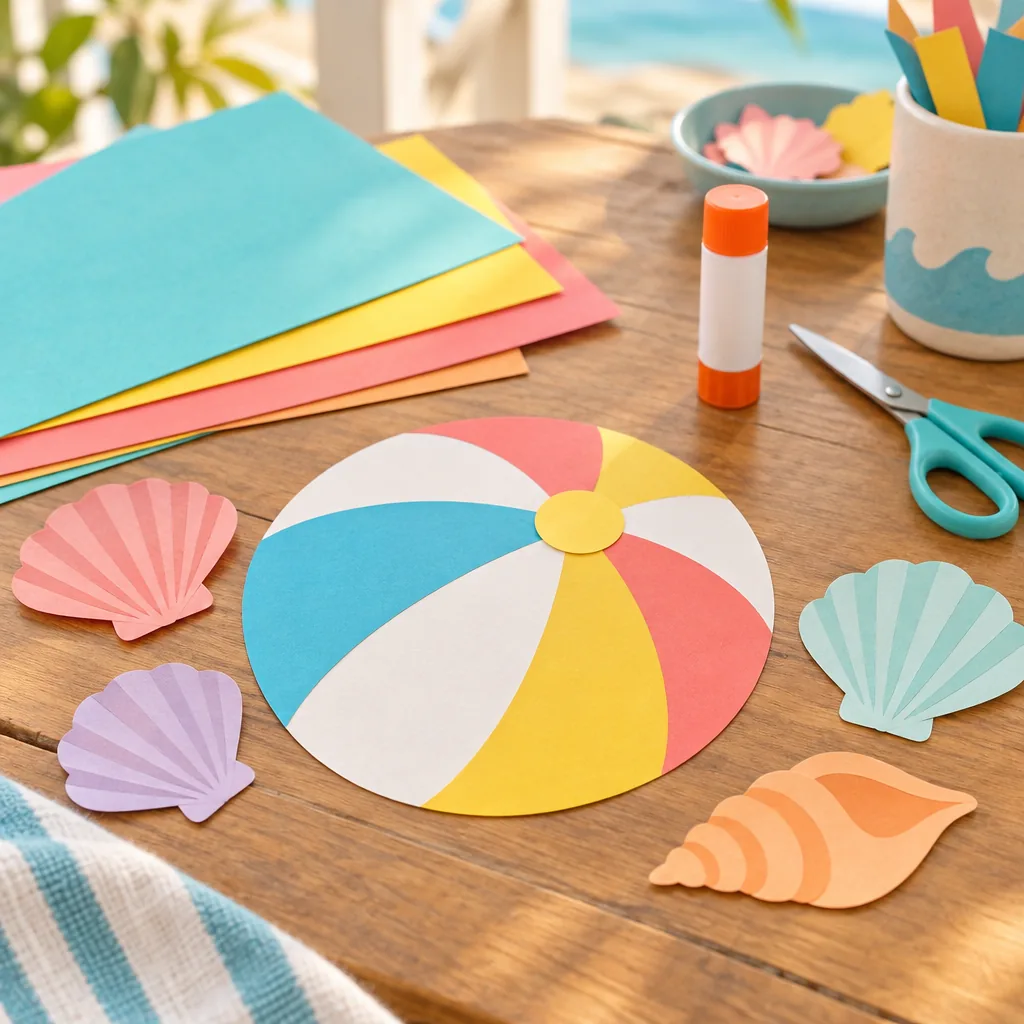 Illustration of a sun shape, a seashell, and craft supplies on a table