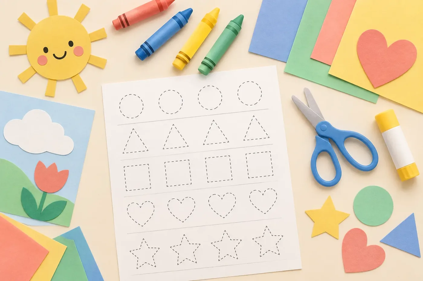 Illustration of pencils, crayons, and stacked worksheets arranged on a desk